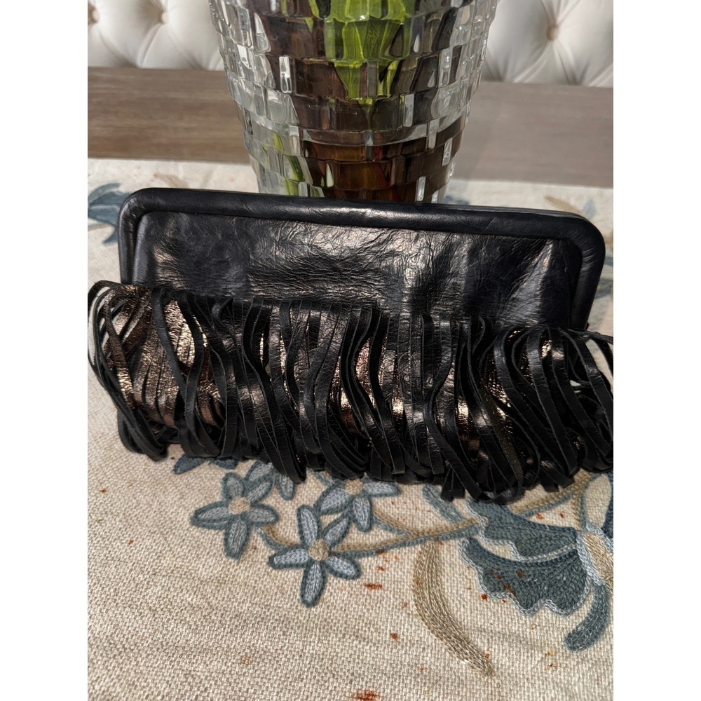 KATHERINE‎ KWEI Black Leather Fringe Clutch Bag New York Evening Occasion